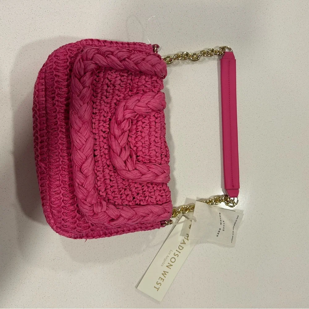 Madison West NWT Pink Woven Handbag with Gold Chain - Picture 11 of 13